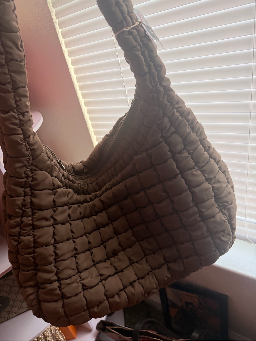 Quilted Puffer Hobo Shoulder Bag in Brown